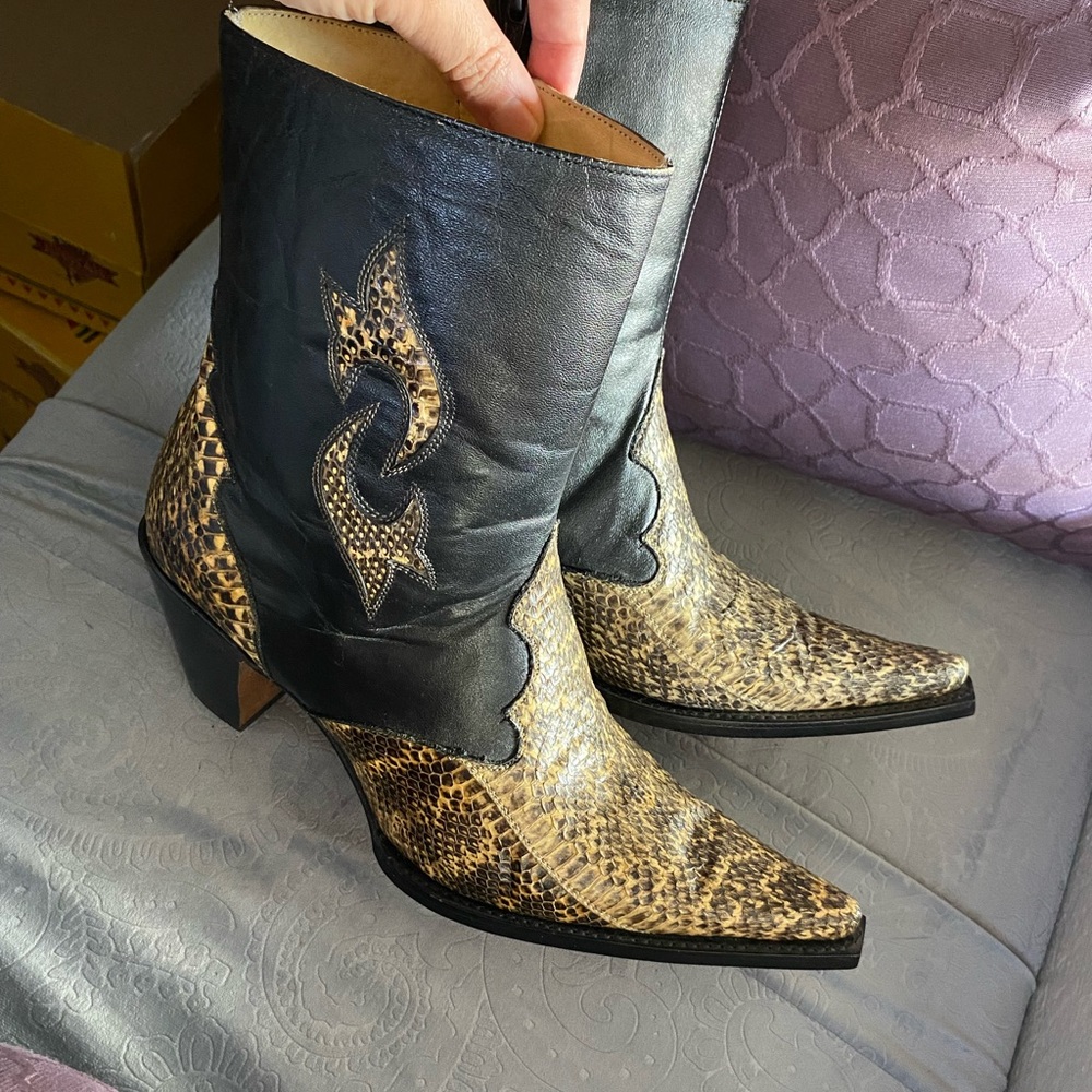 New women snake skin cowboy vaquero ankle boots bootie 10 10.5 black tan western
